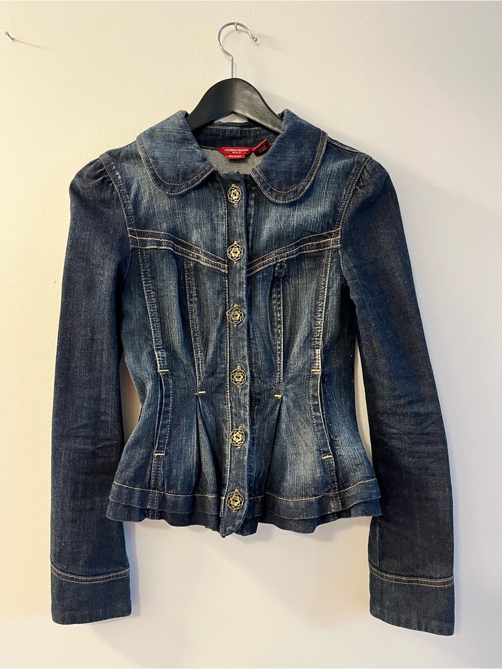 Guess Dark Blue Denim Fitted Peplum Jacket